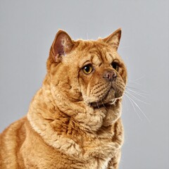 Obraz premium シンプルなマット背景に、片耳を立てて周囲を見回すチャウシュー猫。筋肉質な体型が強調され、その力強さと好奇心が感じられるクローズアップ
