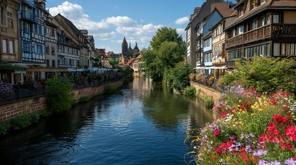 Naklejka premium Quaint European canal town under a clear sky.