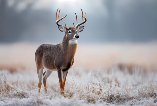 A majestic white-tailed deer standing in an open field, with soft morning light filtering through the fog creating a dreamy atmosphere.