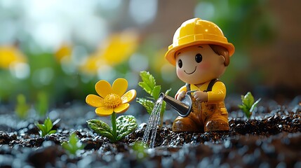 Figure Watering Flower Garden with Tiny Watering Can