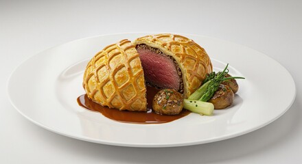 A beautifully plated beef wellington with a slice cut out, accompanied by potatoes and asparagus, served on a pristine white plate with sauce.