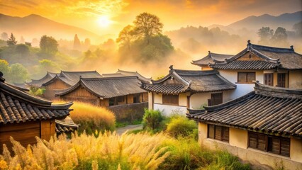 Obraz premium Golden Hour Serenity A Picturesque Village Nestled Amongst Rolling Hills and Misty Meadows at Sunrise