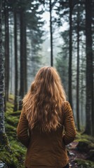A woman in a brown jacket stands in a forest looking into the distance with long hair. The forest has a mist and the trees are mostly dark green and brown.