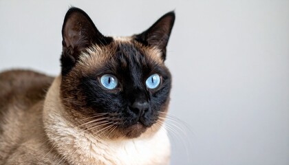 薄いマット背景でリラックスしているシャム猫のクローズアップ。青い瞳と美しいポイントカラーの毛が鮮明に浮かび上がり、魅力的な瞬間

