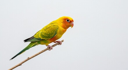 Vividly colored bird with plumage of yellow and green, perched delicately on a branch against a stark white backdrop