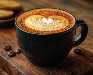 Latte art in a dark mug