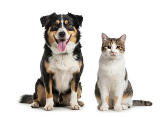 Obraz premium A dog with tongue out and a cat sitting side by side on a white background looking at the camera
