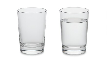 Two clear glass tumblers one empty and one filled with water on a plain white background studio shot