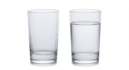 Two clear glasses on a white background one empty and the other filled with water in a simple setting