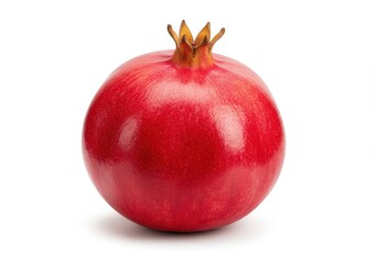 A single ripe pomegranate with a smooth red skin isolated against a plain white background studio shot