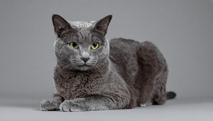 マットな背景で、グレーの毛並みが美しいロシアンブルーの猫が静かに座っているクローズアップ。しなやかで優雅な体、輝く瞳が印象的


