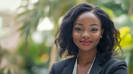 A confident young professional woman smiles warmly while standing in a lush green environment, showcasing her vibrant personality and style.