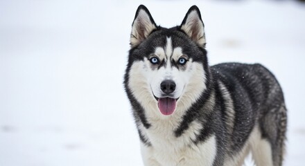 Obraz premium A beautiful dog with blue eyes, white and grey fur and black ears poses in the white snow outdoors, with its tongue out.