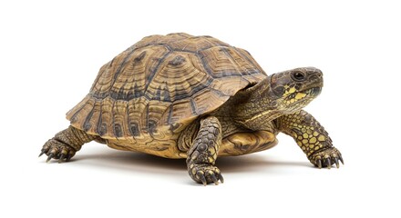 Fototapeta premium A detailed shot of a turtle with a brown patterned shell and yellow patterned skin against a white background, showcasing its texture and form.