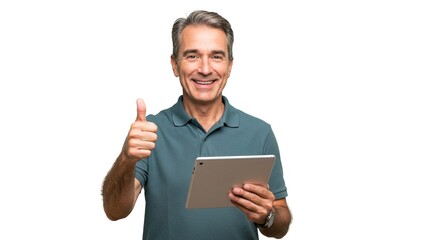 Happy mature man with tablet giving a thumbs up, isolated on white background, smiling and looking at the camera. Positive feedback concept.