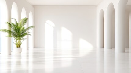 Sun-drenched minimalist hall with arched windows