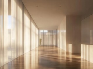 Serene hallway bathed in sunlight filtering through sheer curtains creating a peaceful ambiance with polished wooden floor reflecting light in modern architecture
