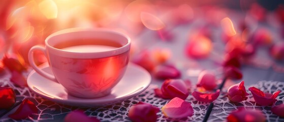 A delicate teacup surrounded by rose petals, bathed in soft light, creating a serene and romantic atmosphere.