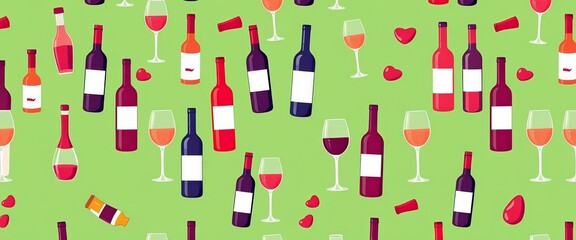 Cartoon wine bottles & glasses seamless pattern on green background,  food, wine