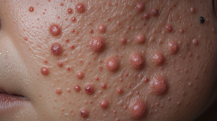 Fototapeta premium Close-up of severe acne with inflamed papules and pustules on oily skin, showing redness, swelling, and textured pores