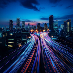 Fototapeta premium Smart city with speed line glowing light trail surround the city. big data connection technology concept.