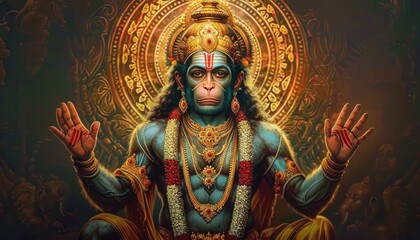 blue-skinned divine figure with monkey face adorned in golden jewelry, floral garlands, and a radiant halo, sitting with hands raised in blessing gesture, surrounded by intricate golden patterns
