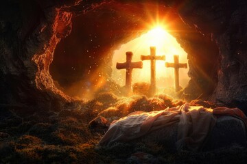 view from inside a dark cave looking out at three rustic crosses illuminated by bright sunlight with a cloth draped over a stone slab in the foreground, evoking a sense of hope and solemnity