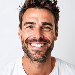 Obraz premium 輝く目と喜びの笑顔を見せる30代白人男性のナチュラルなアップをホワイト背景で表現