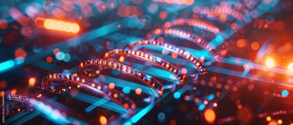 Poster a vibrant, abstract image featuring glowing light trails and circular patterns, creating a dynamic a