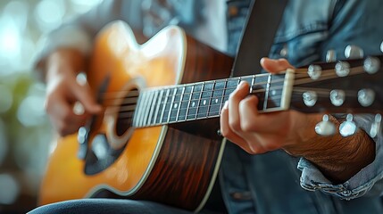 Fototapeta premium Playing Acoustic Guitar Close-up Musician Performing Song