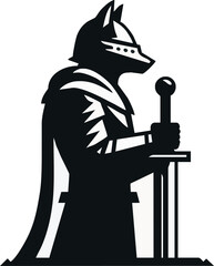 A Stylized Black Silhouette Depicts A Wolf Headed Knight Standing At Attention With A Sword  © Jova