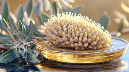 Fototapeta premium Floral essence on a golden dish, botanical background