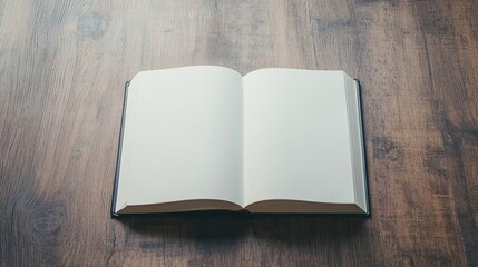 Fototapeta premium An open blank book lies on a wooden table, ready for writing or sketching.