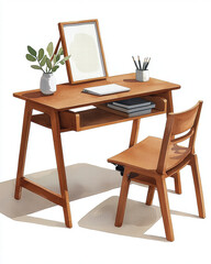 Wooden desk chair plant frame notebook pencil minimalist workspace