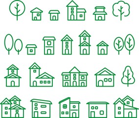 アイコン　家　街　住宅　建物　不動産　ビジネス　ピクトグラム　シンプル　線　イラスト素材セット