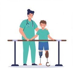 Cartoon Illustration of Child Rehabilitation with Physical Therapy Support – Inclusive Healthcare Concept