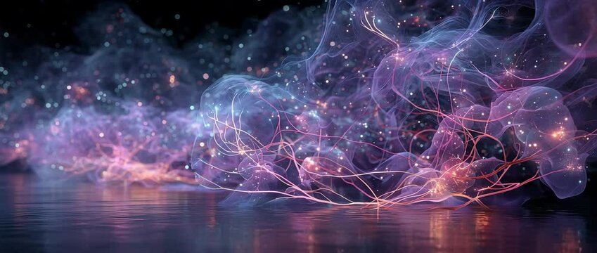 Tracking past iridescent purple-pink mist laced with glowing neural strands hovering over reflective black floor, evoking synaptic activity