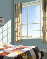 Quilted blanket, soft curtain, sunlit window, cozy bedroom, patchwork, bright, peaceful morning