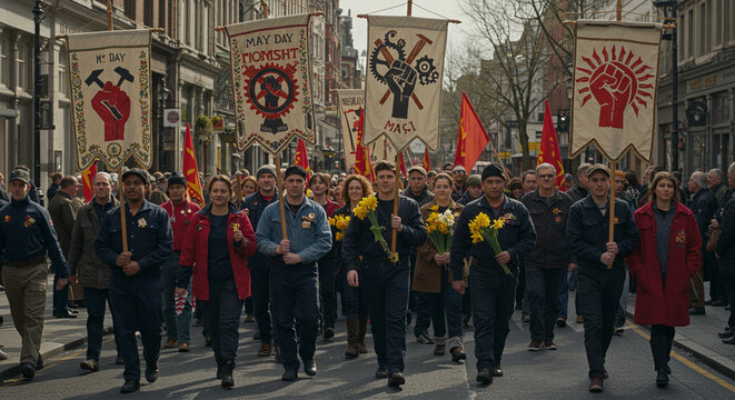 May day parade workers rights demonstration labor movement banners and flags in city