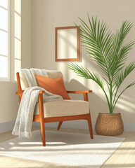 Cozy reading nook with wooden armchair, orange pillow, blanket, potted plant, sunlight, and empty frame