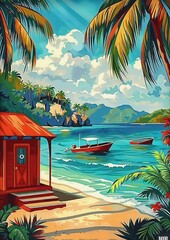 Tropical beach scene with palm trees, a wooden hut, two boats on calm blue water, distant green mountains under a partly cloudy sky, evoking a peaceful and sunny day