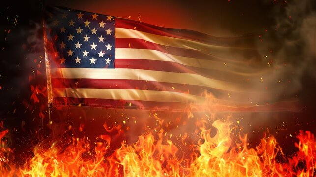American flag on fire background concept