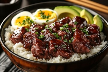 Savory beef bowl with rice, egg, and avocado
