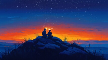Fototapeta premium Serene individual sitting on a large rock at dusk watching the beautiful sunset over the horizon with a warm and romantic atmosphere