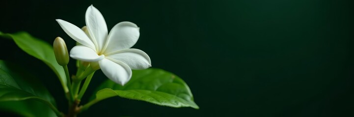 Fototapeta premium Close-up of jasmine flower plant with vibrant green leaf on dark background , dark, plant, nature