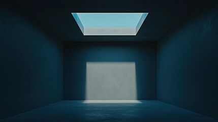 A minimalist dark room with a skylight casting sunlight onto the floor and wall, creating a geometric shadow pattern.
