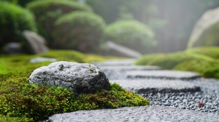 Obraz premium Tranquil Garden Pathway with Moss and Rocks in Serene Landscape