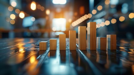 A visually striking representation of wooden blocks arranged in a bar graph, reflecting growth and data visualization in a warm, illuminated environment.
