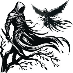 A Cloaked Figure With Sword Stands Near A Tree As A Dark Winged Creature Flies Above Gothic
