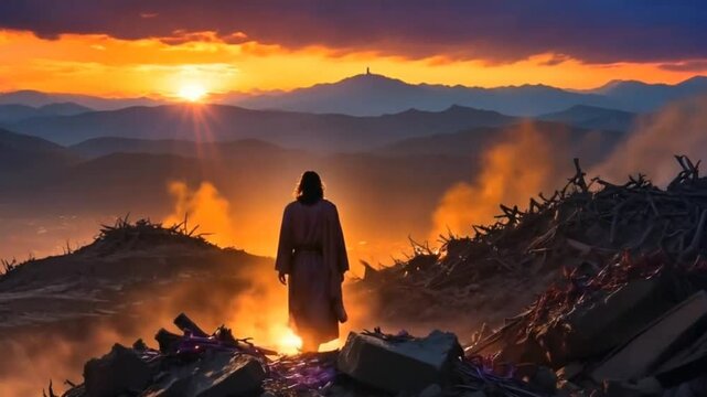 A lone figure, possibly Jesus, walks away from a fiery, desolate landscape towards a setting sun. The scene evokes themes of destruction, hope, and redemption.